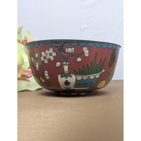 Vintage Cloisonne Enamel Bowl Floral Vase Fruit Coin Design Red Blue Trinket - Picture 5 of 6